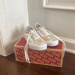 Vans White Sneakers with Orange and Green Floral Pattern